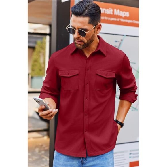 Mens Waffle Shirt Jacket Long Sleeve Button Down Shacket Casual Lightweight - Picture 3 of 6